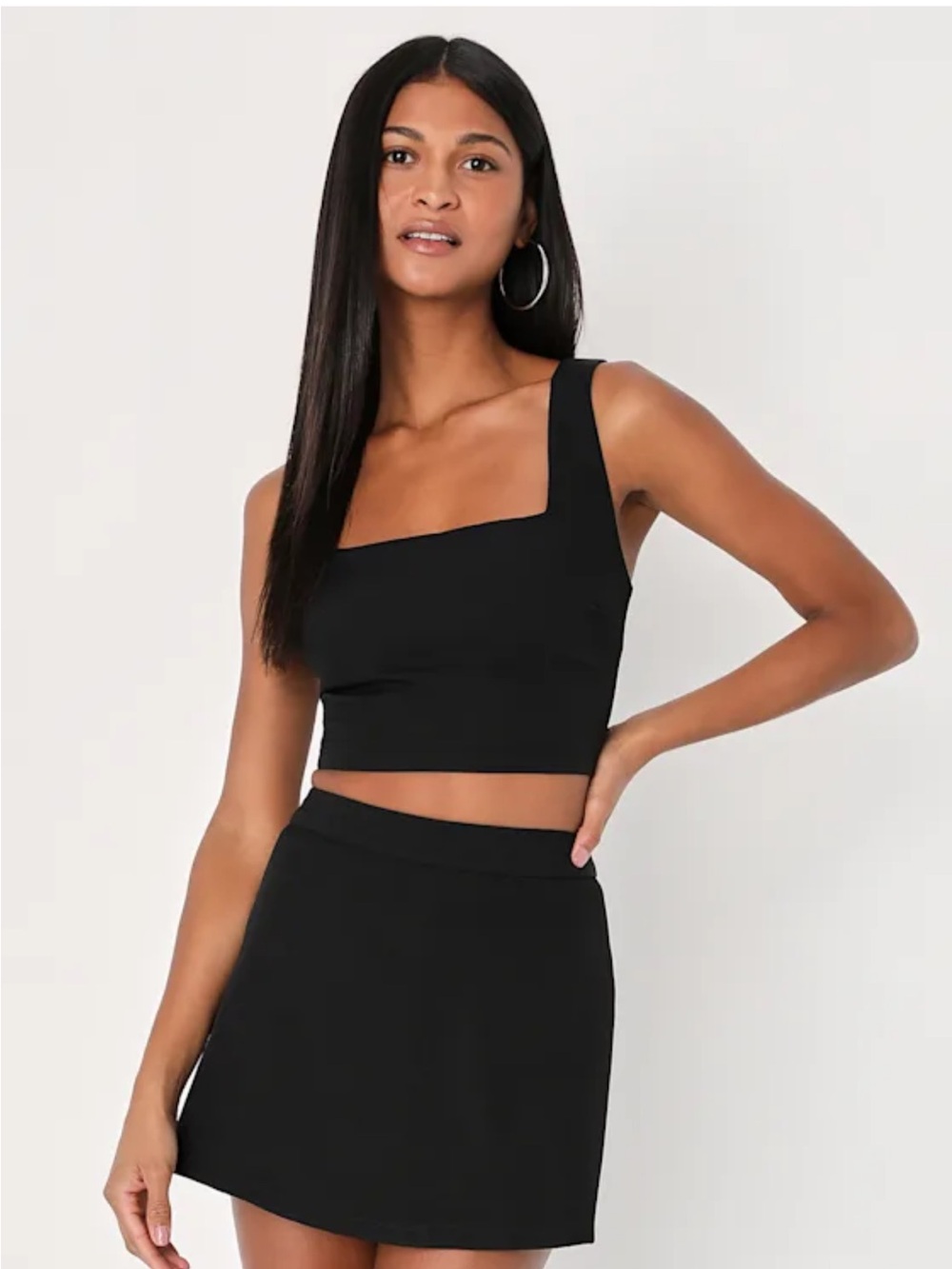 Lulu's Black Square-Neck Crop Tank and skort set